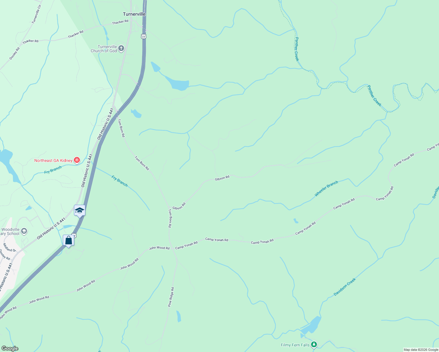 map of restaurants, bars, coffee shops, grocery stores, and more near 366 Mossy Creek Lane in Clarkesville