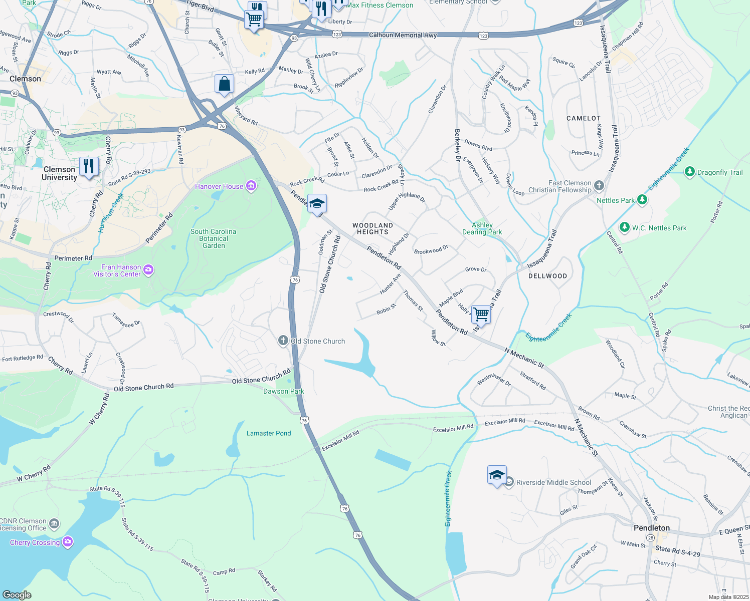map of restaurants, bars, coffee shops, grocery stores, and more near 210 Hunter Avenue in Clemson