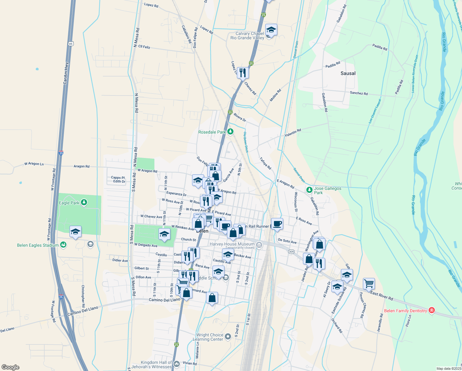 map of restaurants, bars, coffee shops, grocery stores, and more near 711 North 5th Street in Belen