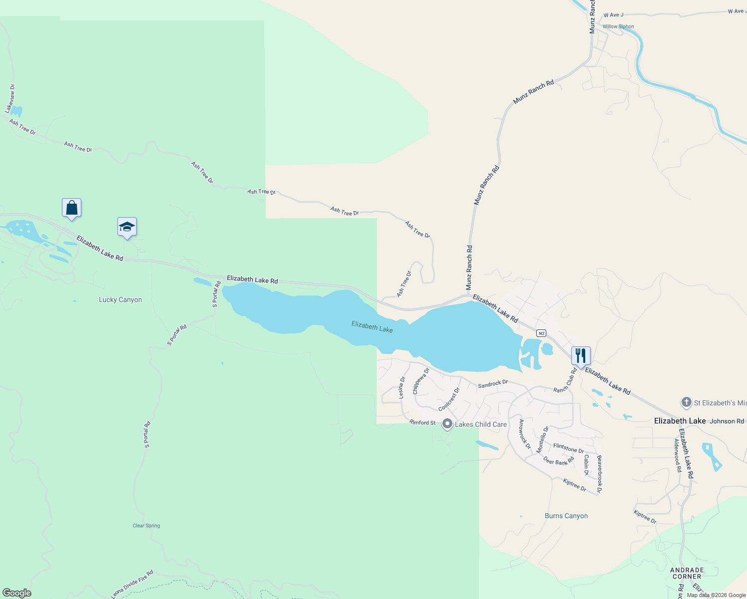 map of restaurants, bars, coffee shops, grocery stores, and more near Elizabeth Lake Road in Lake Hughes