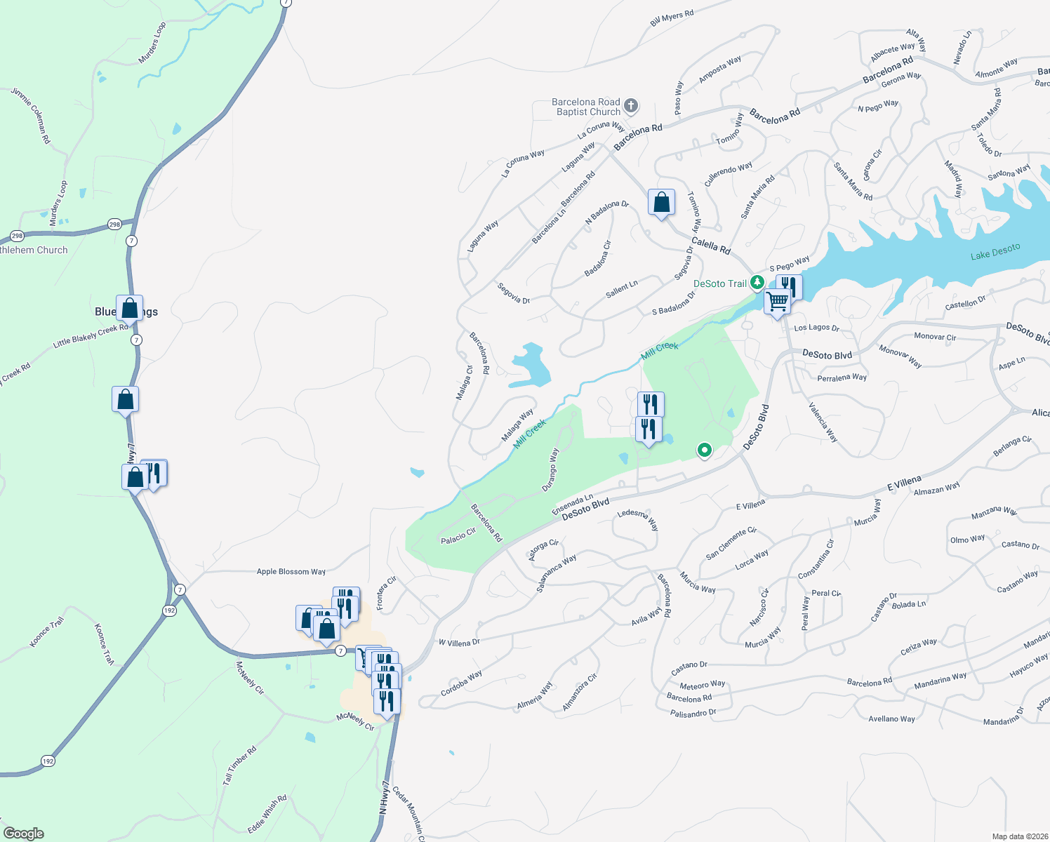 map of restaurants, bars, coffee shops, grocery stores, and more near 52 Malaga Way in Hot Springs