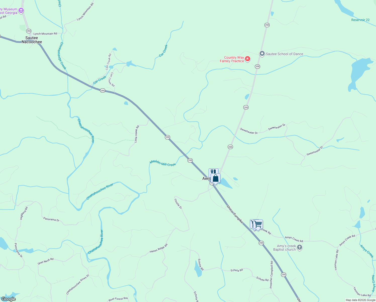 map of restaurants, bars, coffee shops, grocery stores, and more near 4701 Georgia 255 in Sautee Nacoochee
