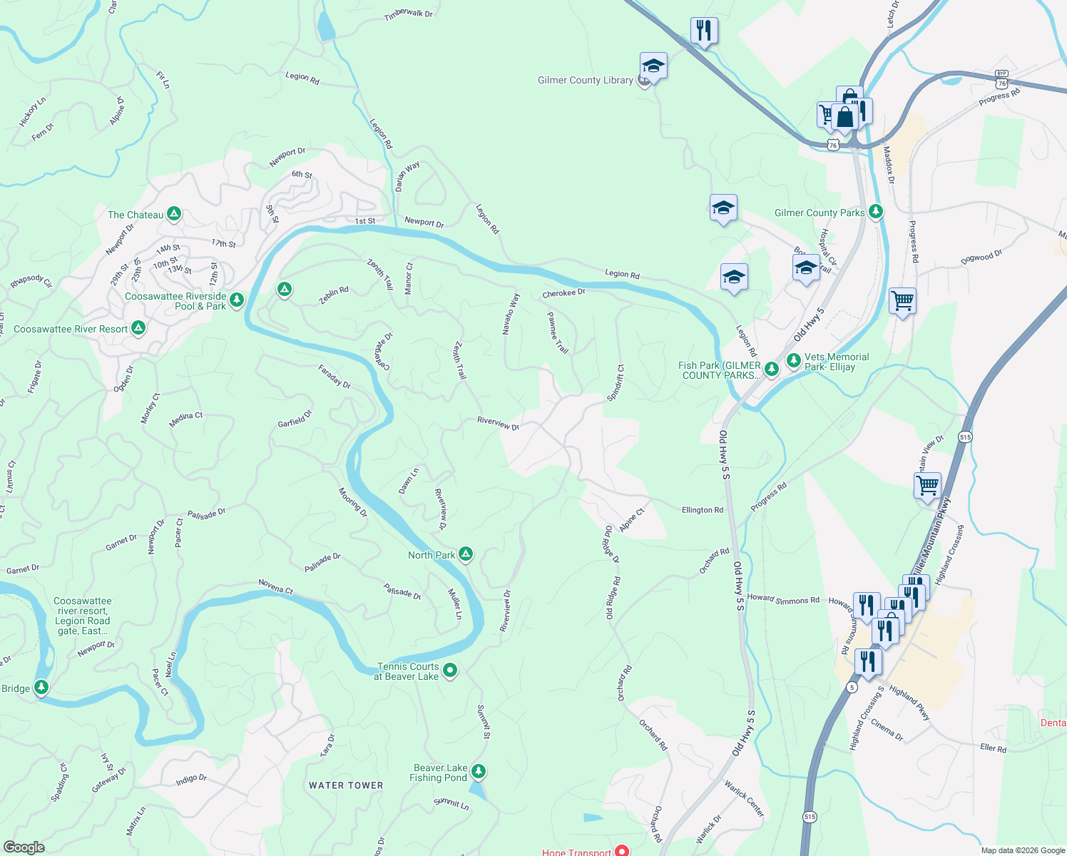 map of restaurants, bars, coffee shops, grocery stores, and more near 50 Rockingham way in Ellijay