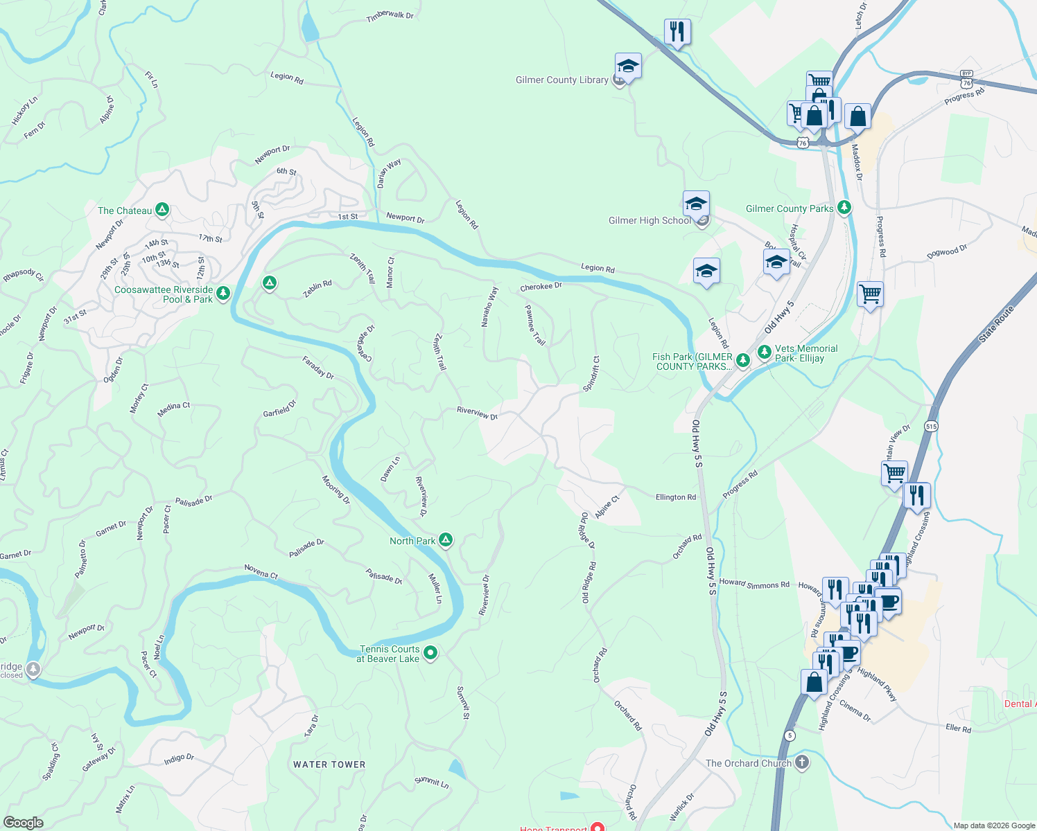 map of restaurants, bars, coffee shops, grocery stores, and more near 1455 Riverview Drive in Ellijay