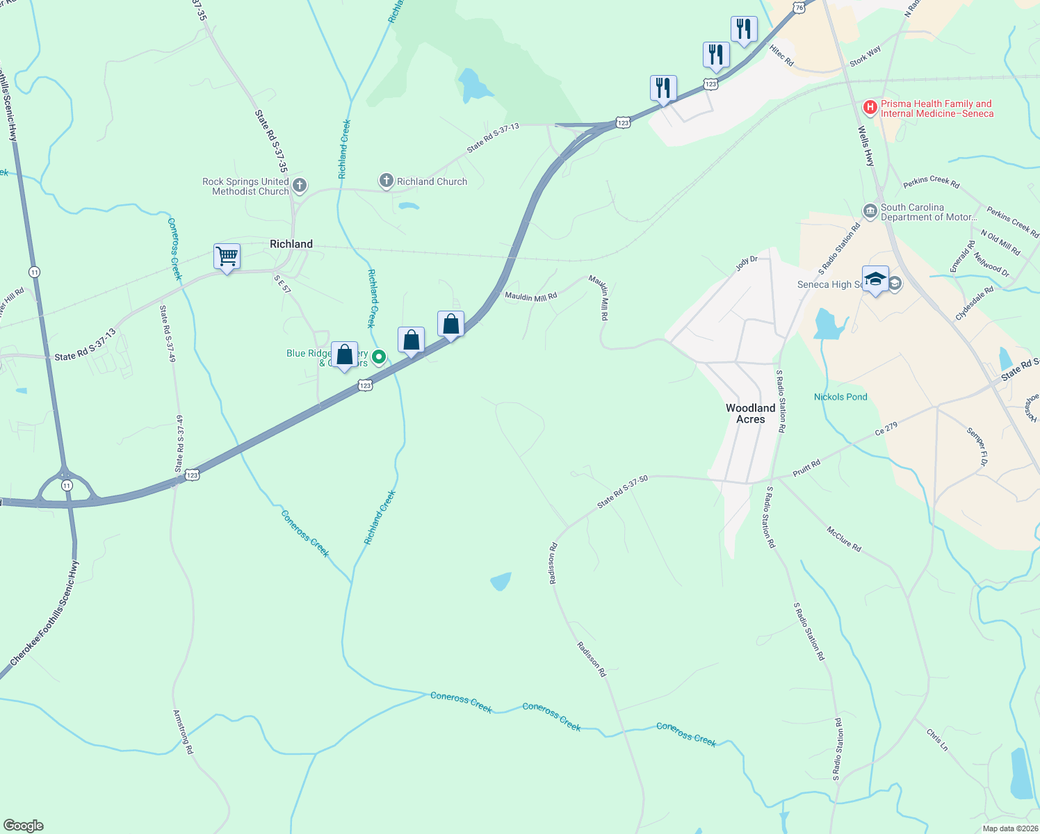 map of restaurants, bars, coffee shops, grocery stores, and more near 550 Paramount Drive in Seneca