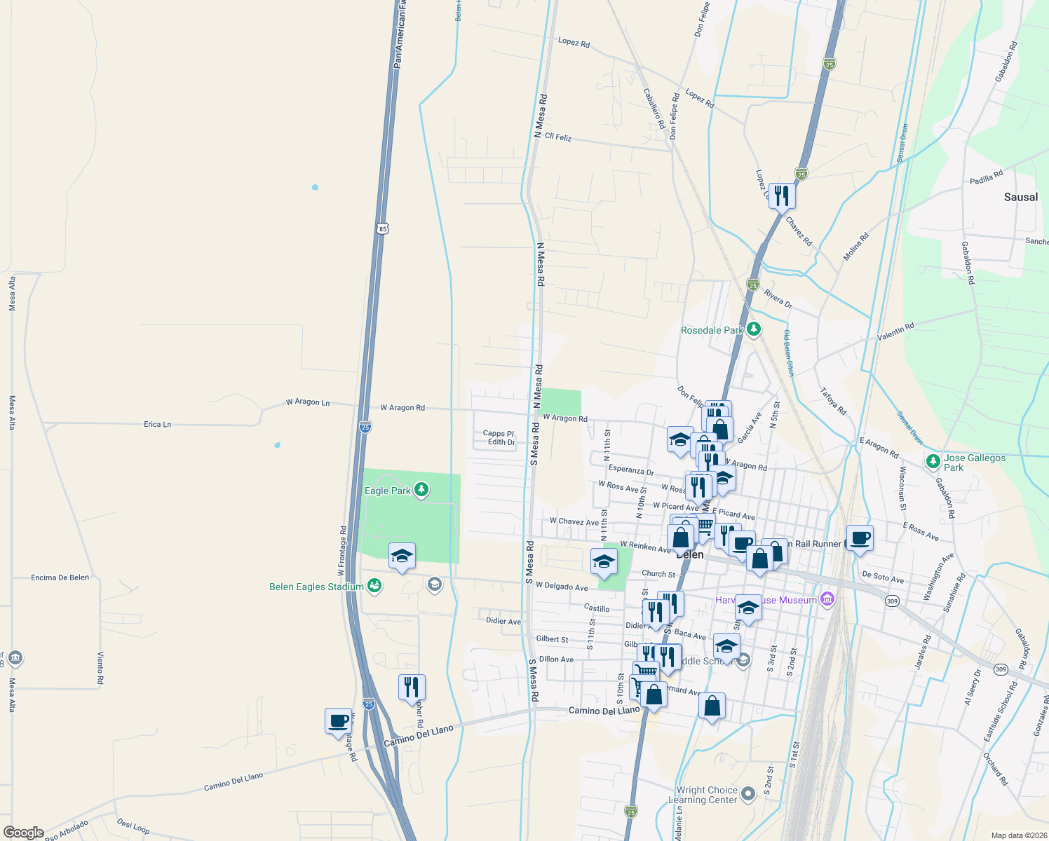 map of restaurants, bars, coffee shops, grocery stores, and more near 1603 West Aragon Road in Belen