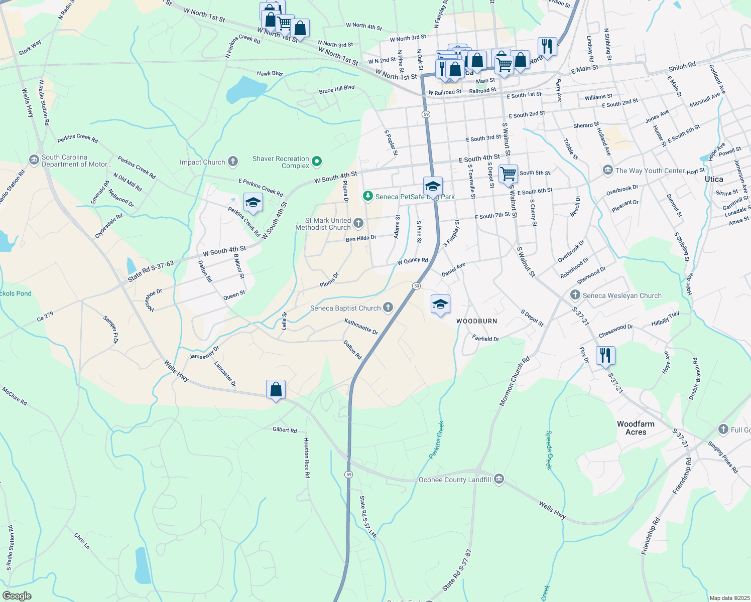 map of restaurants, bars, coffee shops, grocery stores, and more near 123 Julian Drive in Seneca