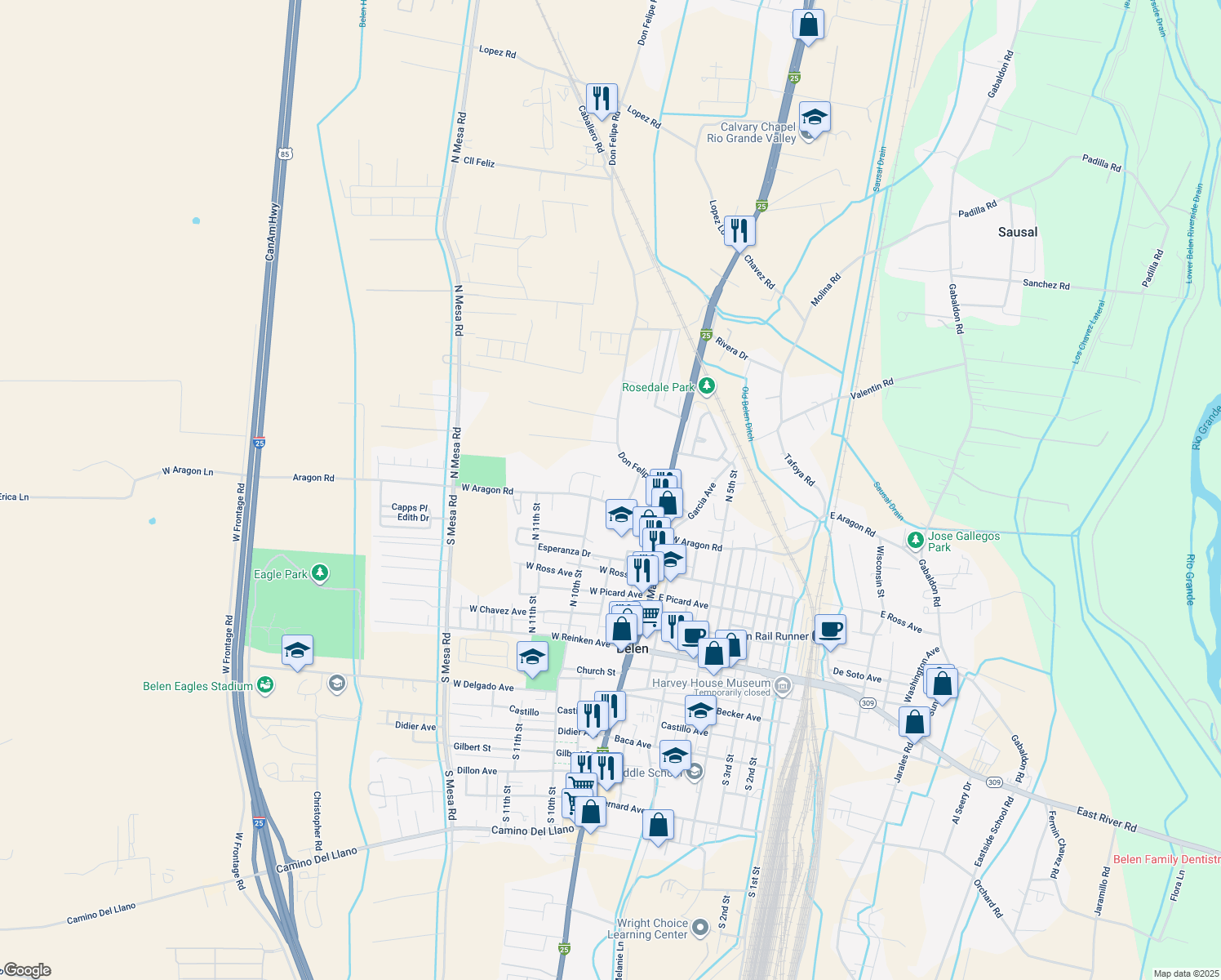 map of restaurants, bars, coffee shops, grocery stores, and more near 912 Molina Place in Belen