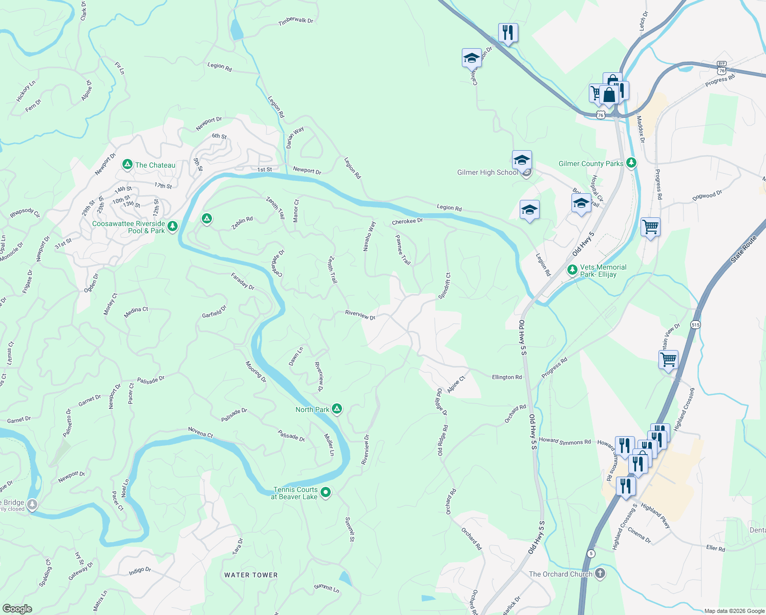 map of restaurants, bars, coffee shops, grocery stores, and more near 50 Rockingham way in Ellijay