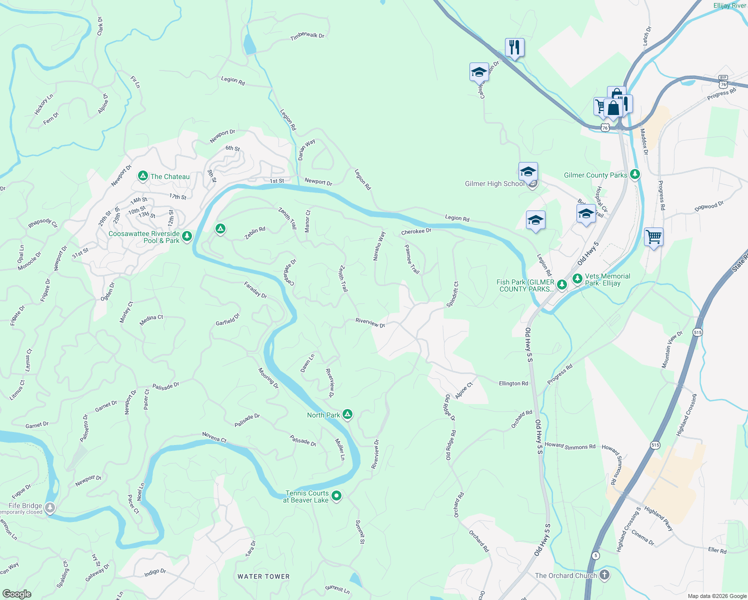 map of restaurants, bars, coffee shops, grocery stores, and more near 145 Rockingham way in Ellijay