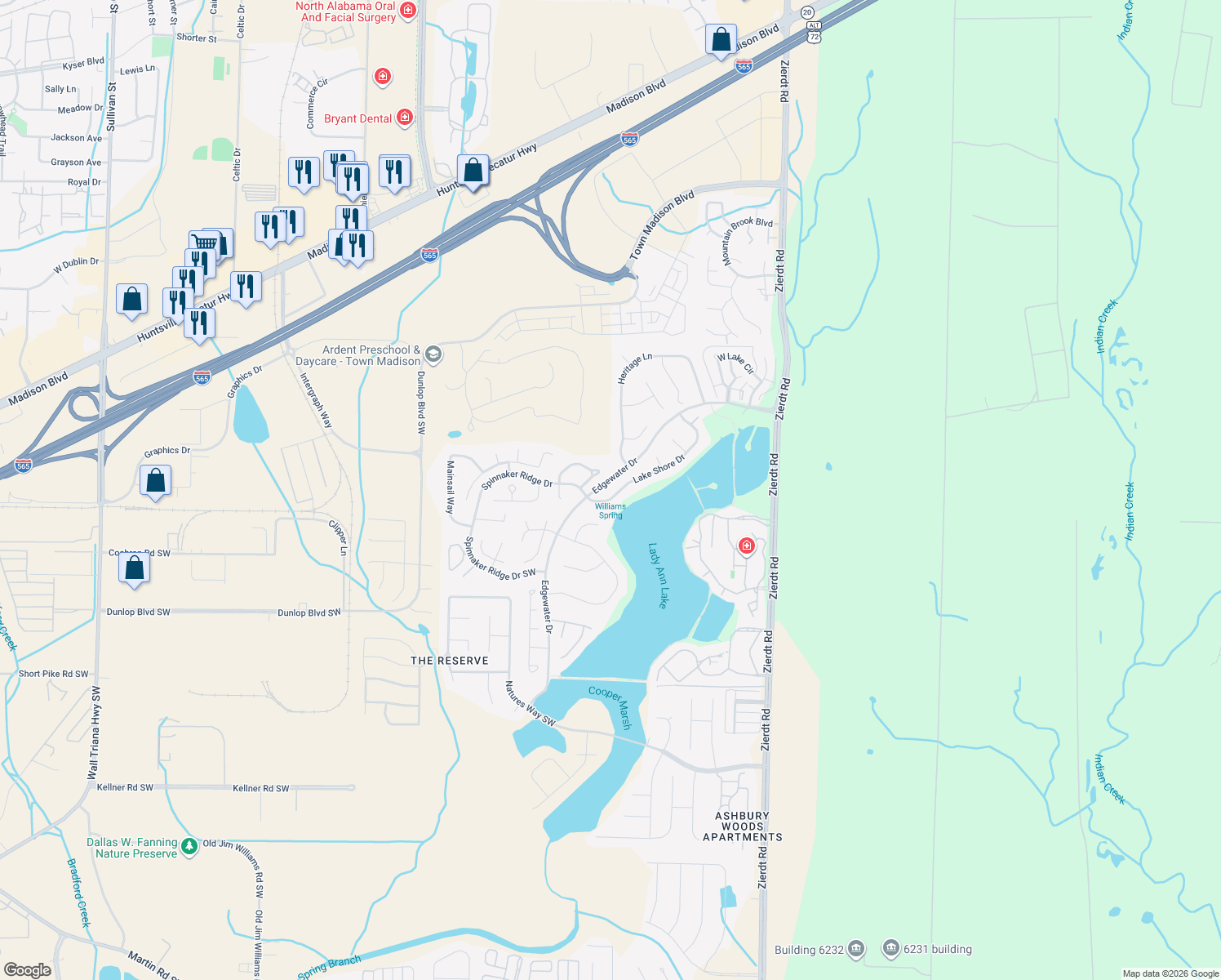 map of restaurants, bars, coffee shops, grocery stores, and more near 104 Spinnaker Circle in Madison