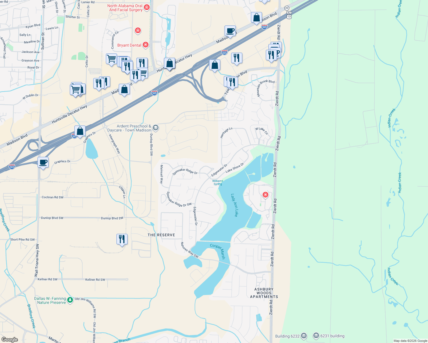 map of restaurants, bars, coffee shops, grocery stores, and more near 104 Spinnaker Circle in Madison