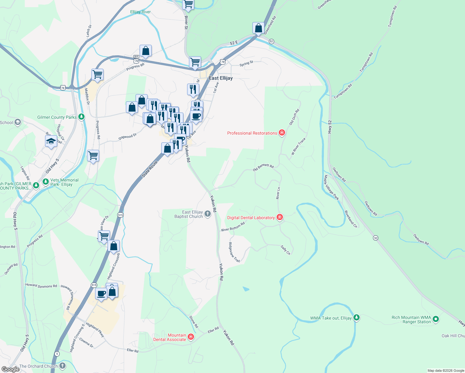 map of restaurants, bars, coffee shops, grocery stores, and more near Oakridge Ln in Ellijay