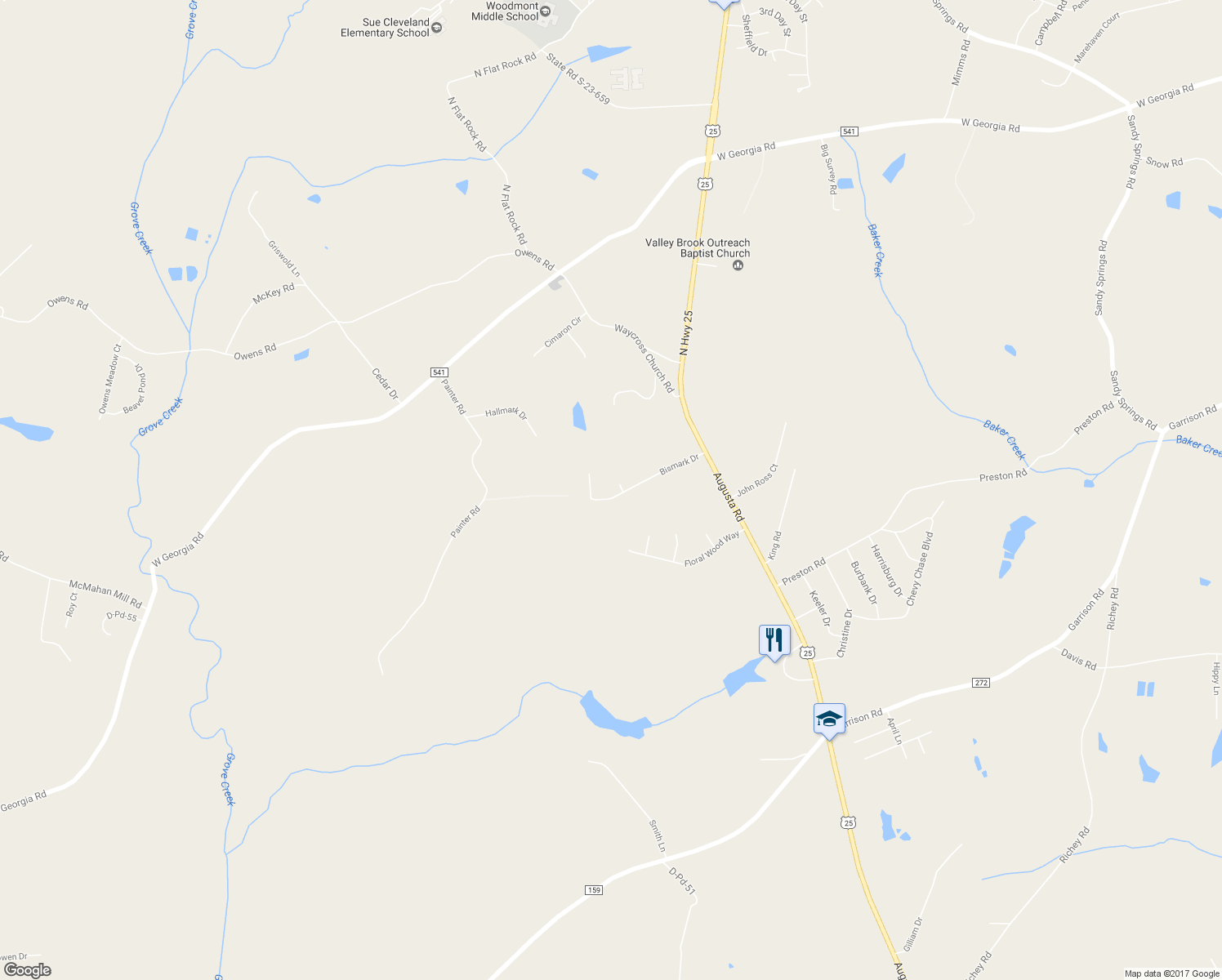 map of restaurants, bars, coffee shops, grocery stores, and more near 122 Bismark Drive in Pelzer