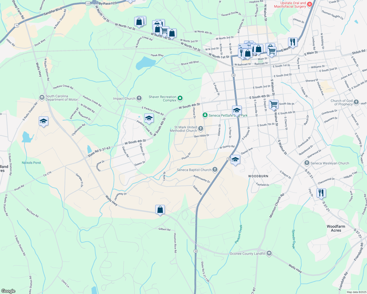 map of restaurants, bars, coffee shops, grocery stores, and more near 615 Pinecrest Drive in Seneca