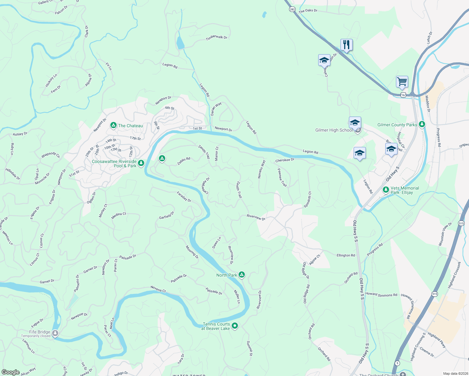 map of restaurants, bars, coffee shops, grocery stores, and more near 253 Zenith Trail in Ellijay