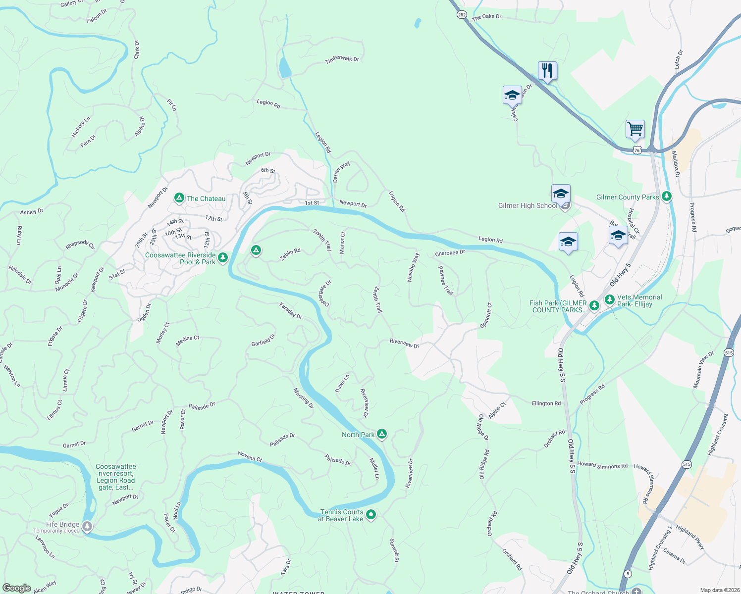 map of restaurants, bars, coffee shops, grocery stores, and more near 253 Zenith Trail in Ellijay