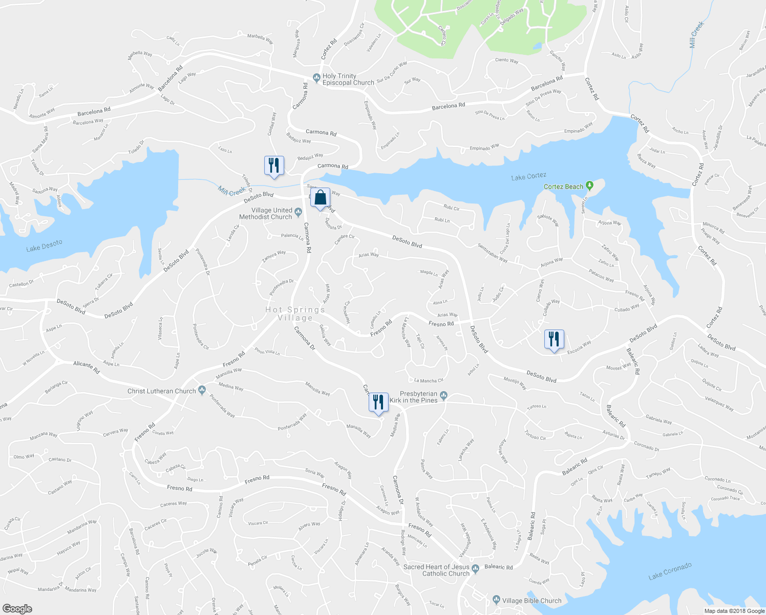 map of restaurants, bars, coffee shops, grocery stores, and more near 1 Carballo Place in Hot Springs Village
