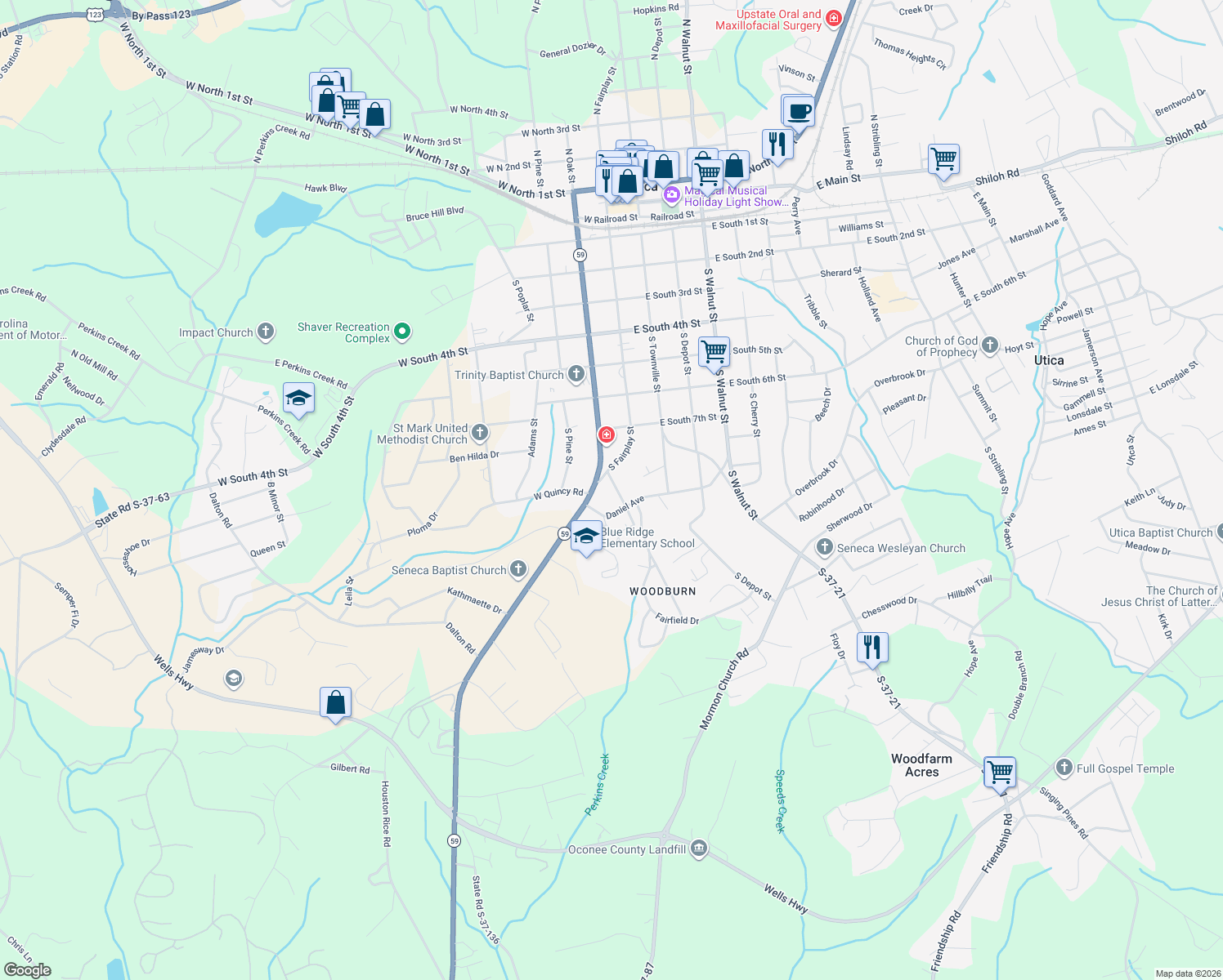 map of restaurants, bars, coffee shops, grocery stores, and more near 106 Monte Video Dr in Seneca
