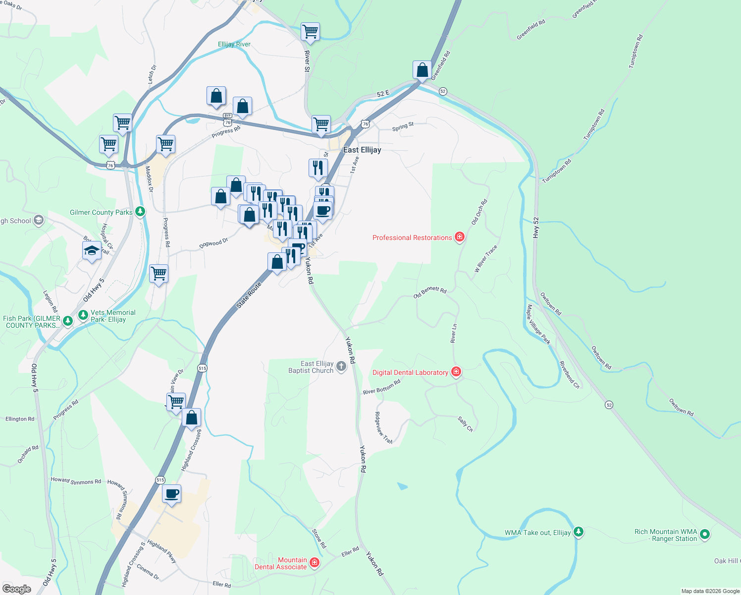 map of restaurants, bars, coffee shops, grocery stores, and more near 211 Ridgehaven Trail in Ellijay