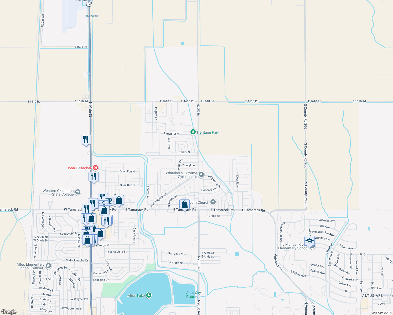 map of restaurants, bars, coffee shops, grocery stores, and more near 1217 Wendy Lane in Altus