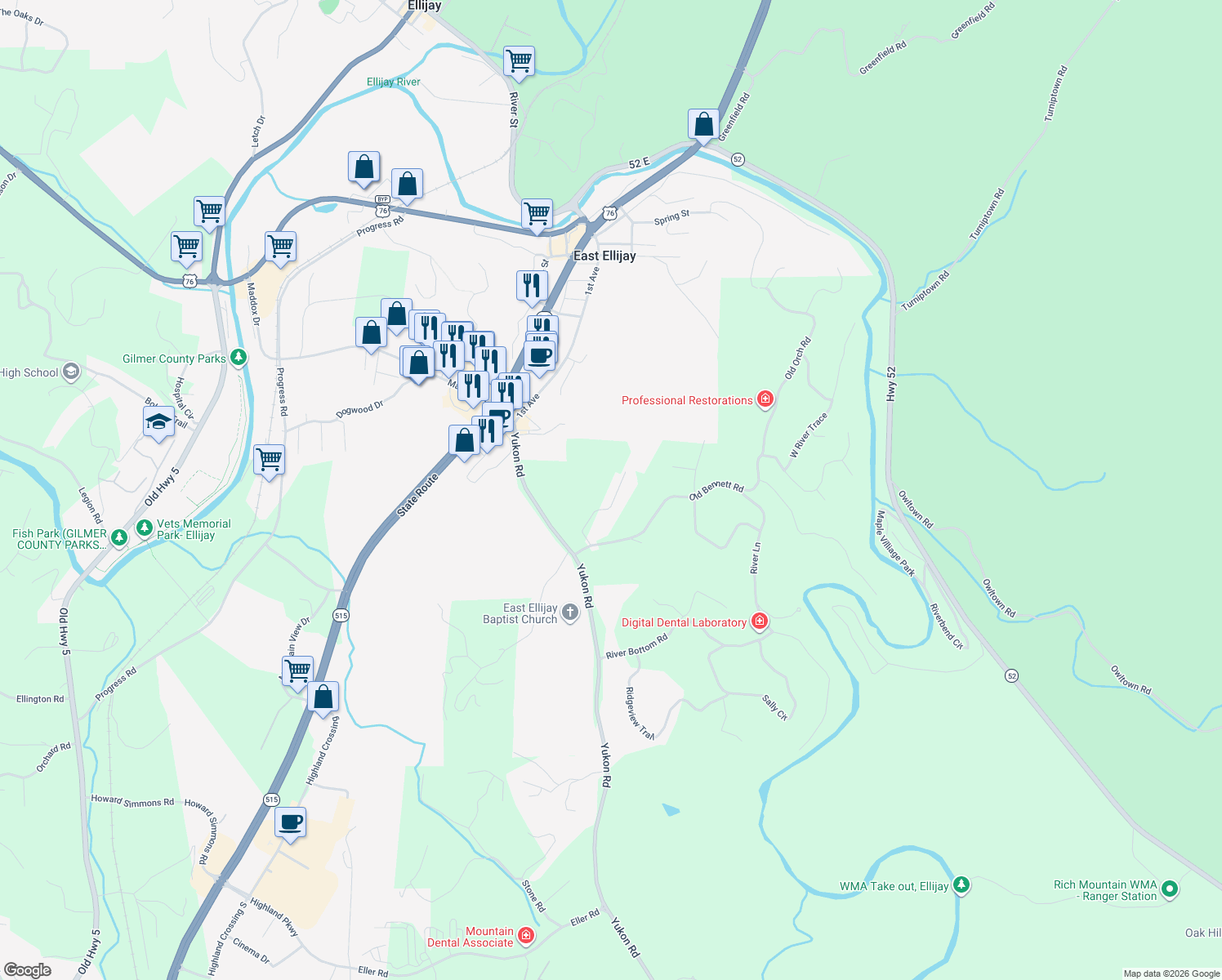map of restaurants, bars, coffee shops, grocery stores, and more near 211 Ridgehaven Trail in Ellijay
