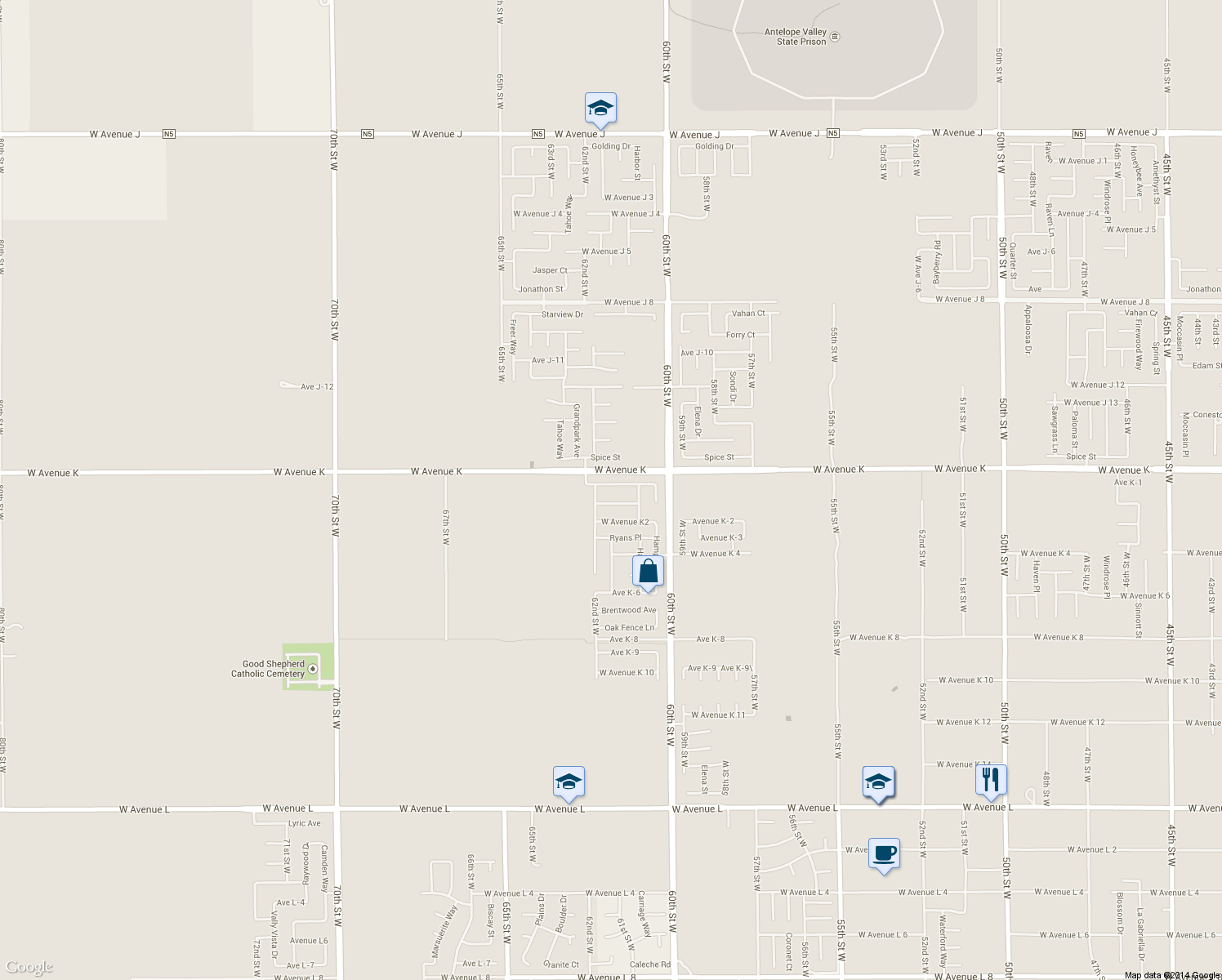map of restaurants, bars, coffee shops, grocery stores, and more near 6126 West Avenue K1 in Lancaster
