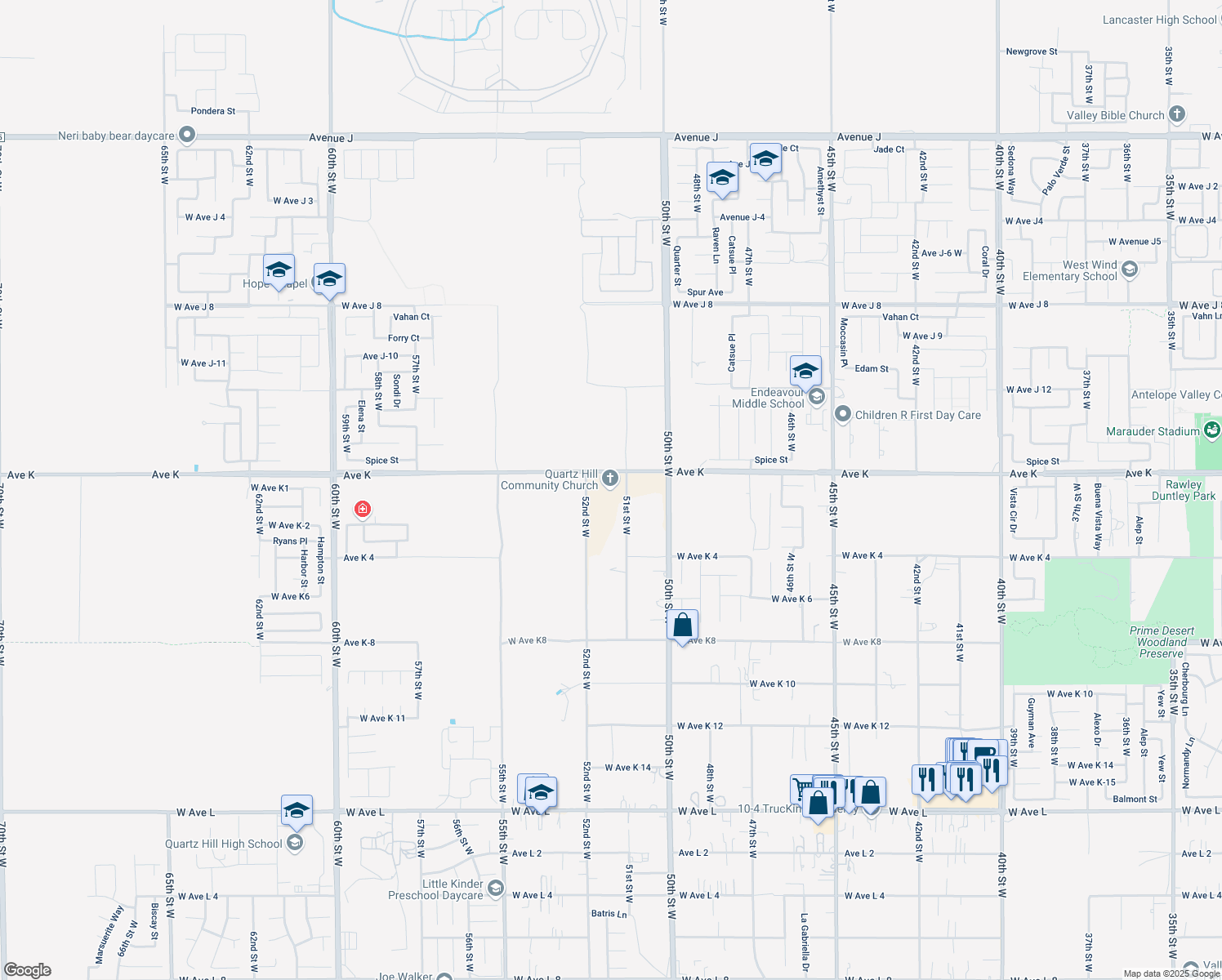 map of restaurants, bars, coffee shops, grocery stores, and more near 43543 51st Street West in Quartz Hill