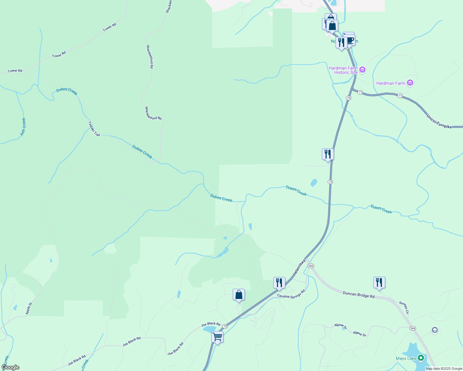map of restaurants, bars, coffee shops, grocery stores, and more near 638 Joe Franklin Road in Sautee Nacoochee
