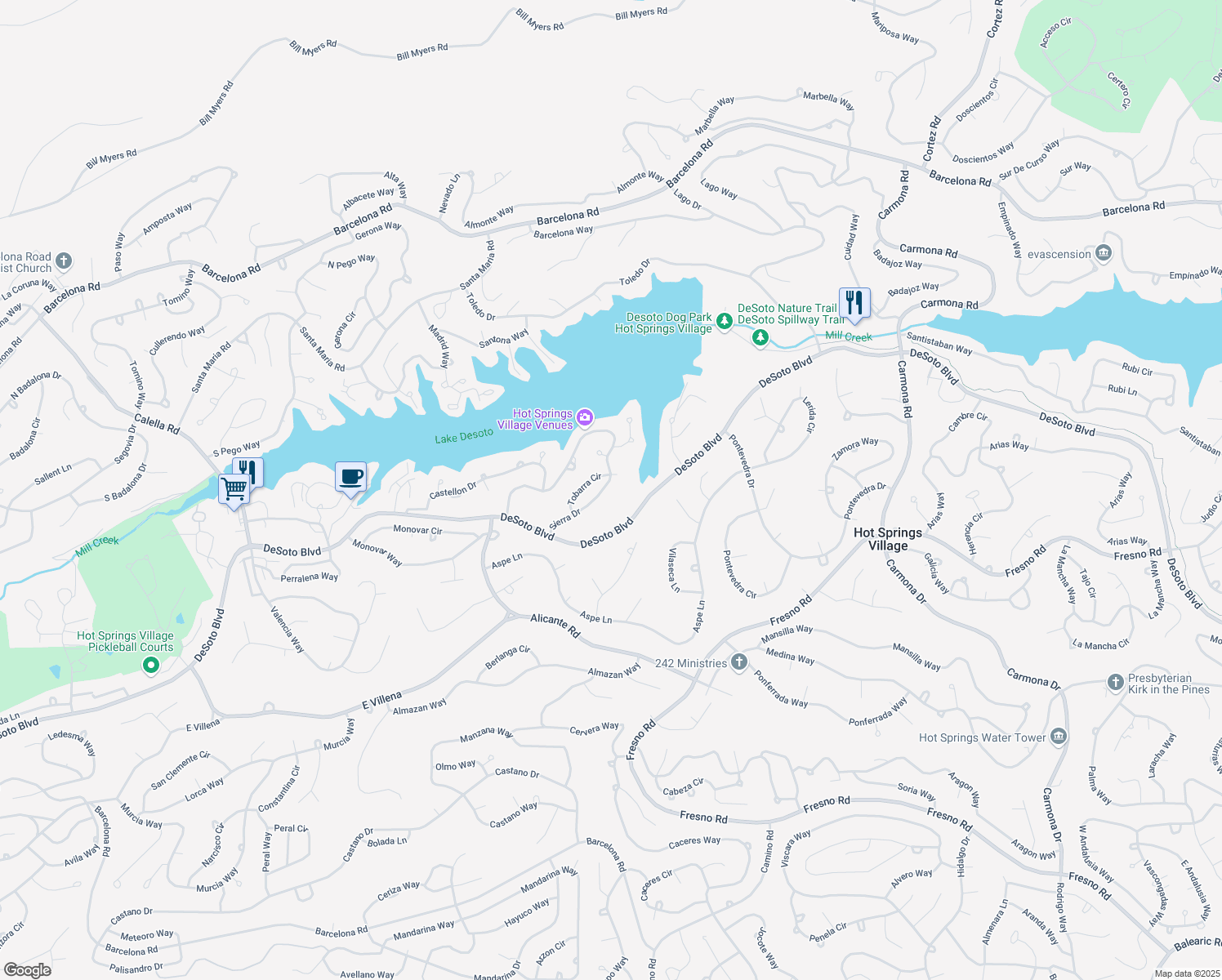 map of restaurants, bars, coffee shops, grocery stores, and more near 54 Sierra Drive in Hot Springs