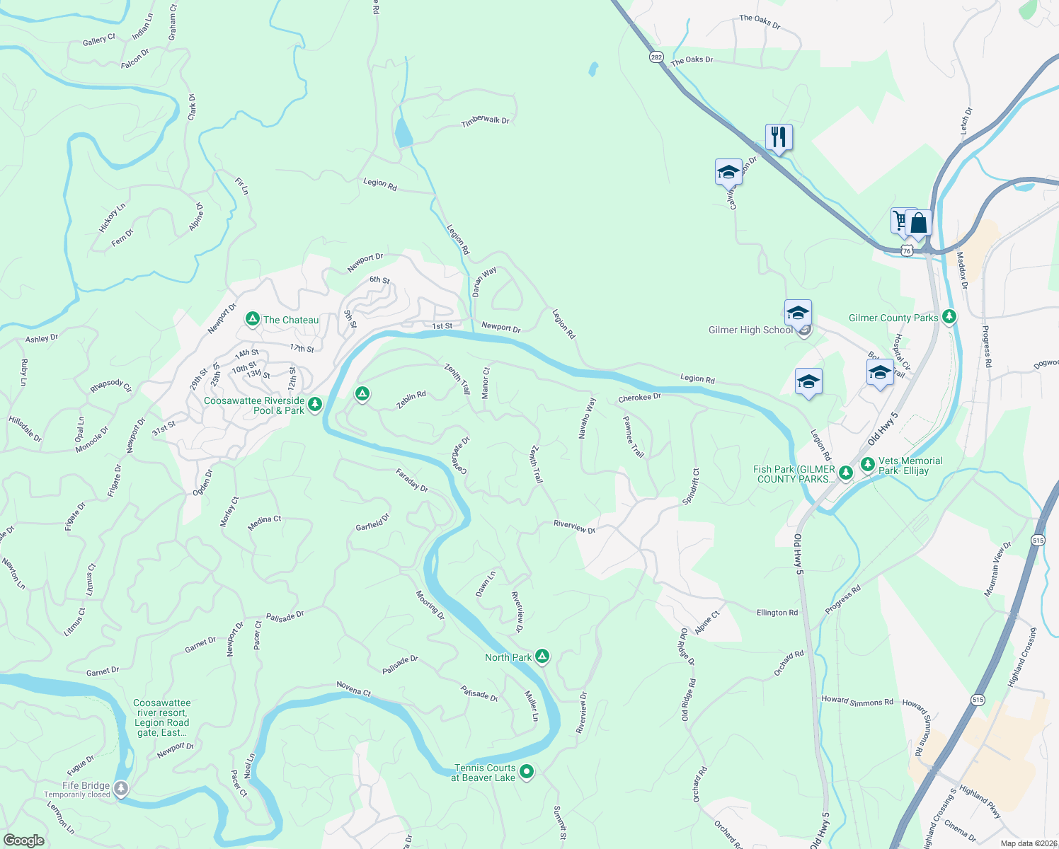 map of restaurants, bars, coffee shops, grocery stores, and more near 373 Zenith Trail in Ellijay