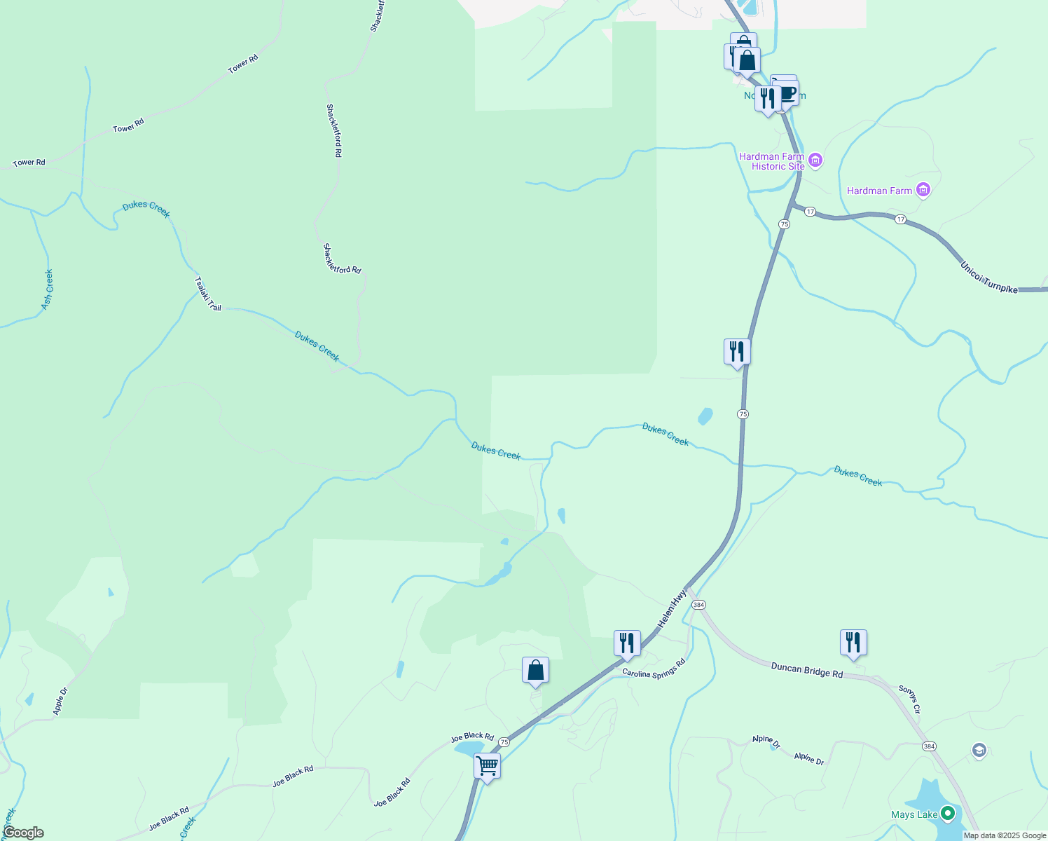 map of restaurants, bars, coffee shops, grocery stores, and more near 638 Joe Franklin Road in Sautee Nacoochee