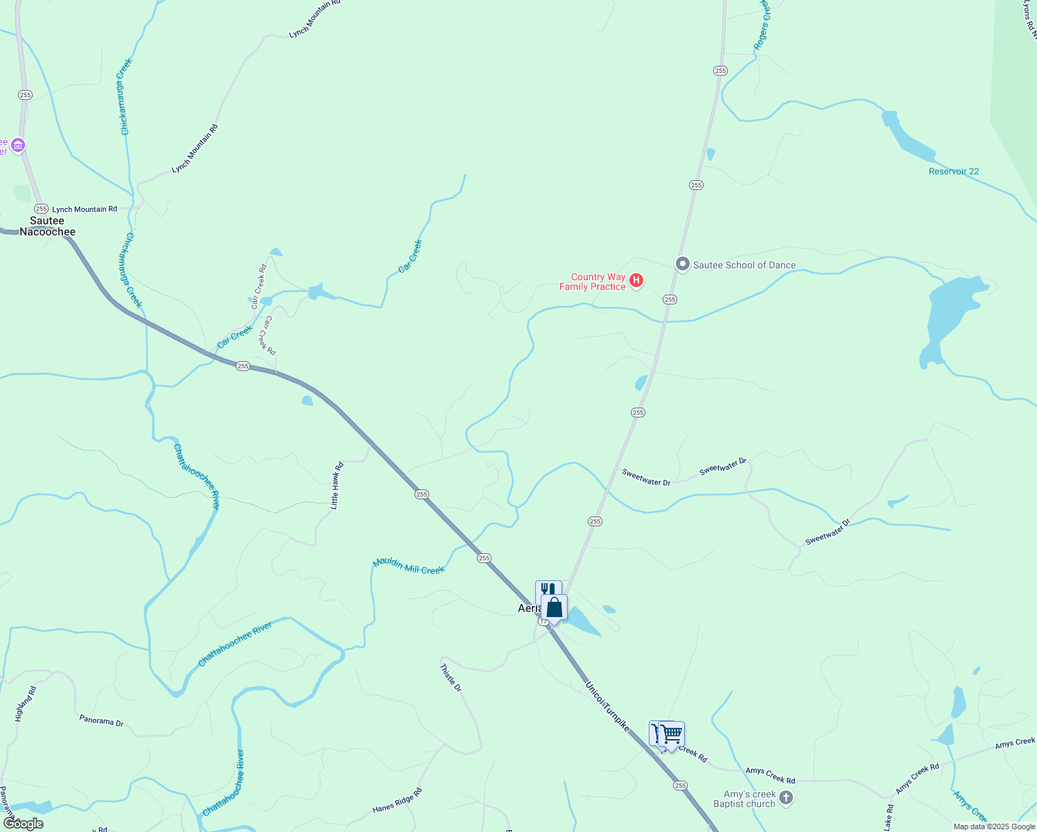 map of restaurants, bars, coffee shops, grocery stores, and more near 289 Lost Habersham Valley in Clarkesville