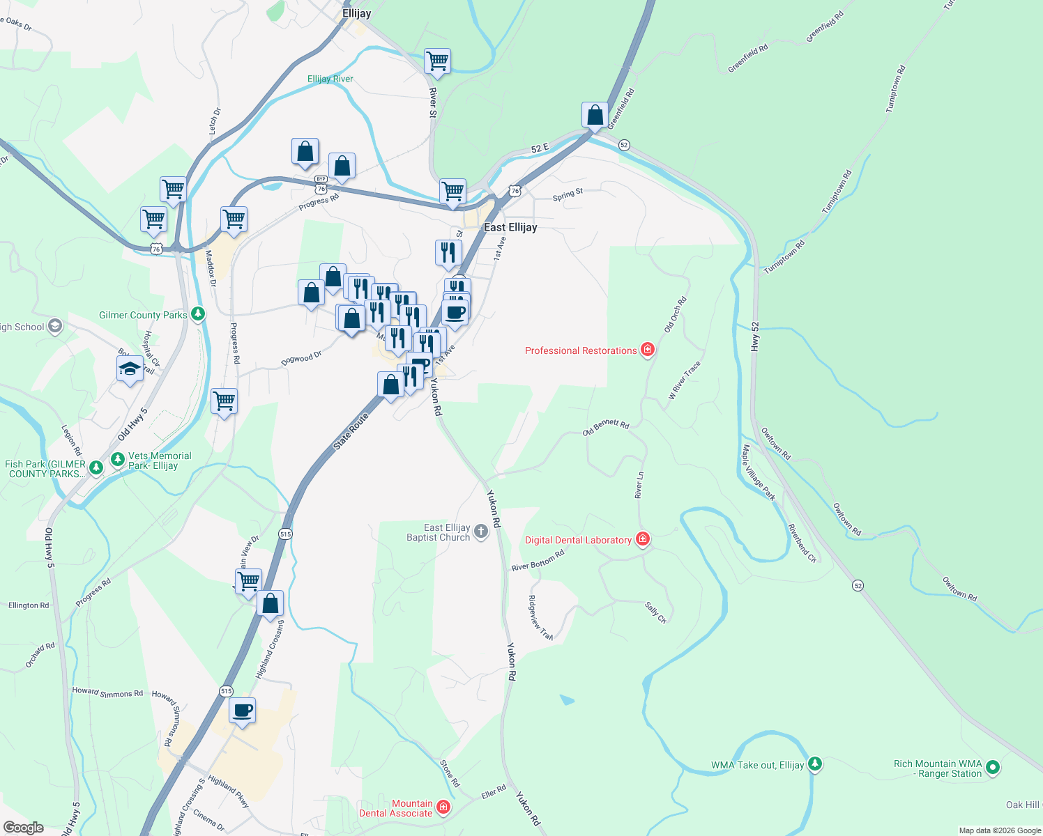 map of restaurants, bars, coffee shops, grocery stores, and more near 211 Ridgehaven Trail in Ellijay