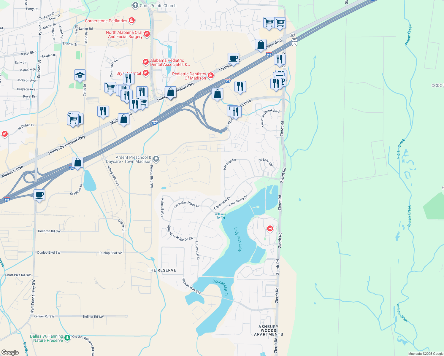 map of restaurants, bars, coffee shops, grocery stores, and more near 148 Heritage Lane in Madison
