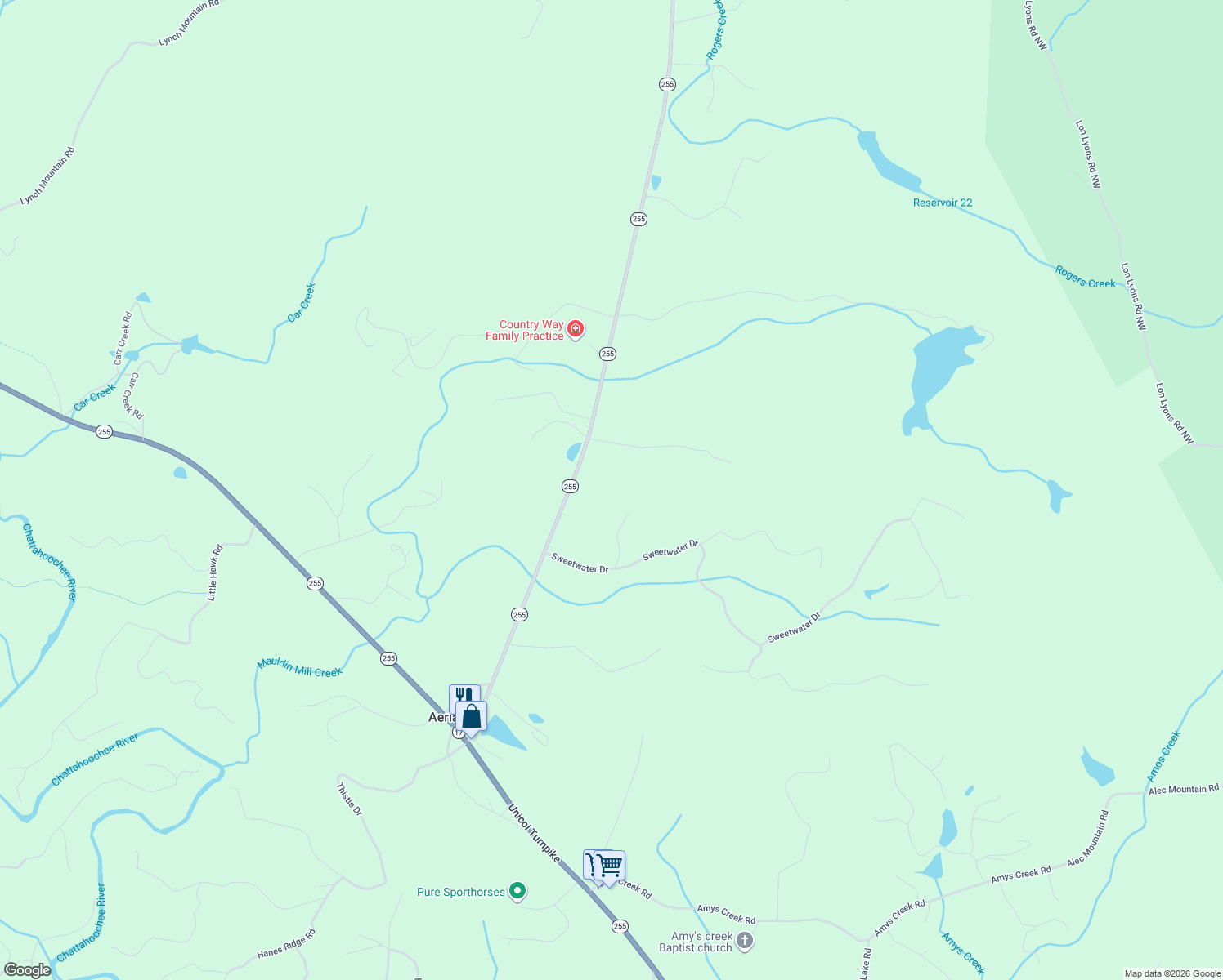 map of restaurants, bars, coffee shops, grocery stores, and more near 311 Honey Suckle Lane in Clarkesville