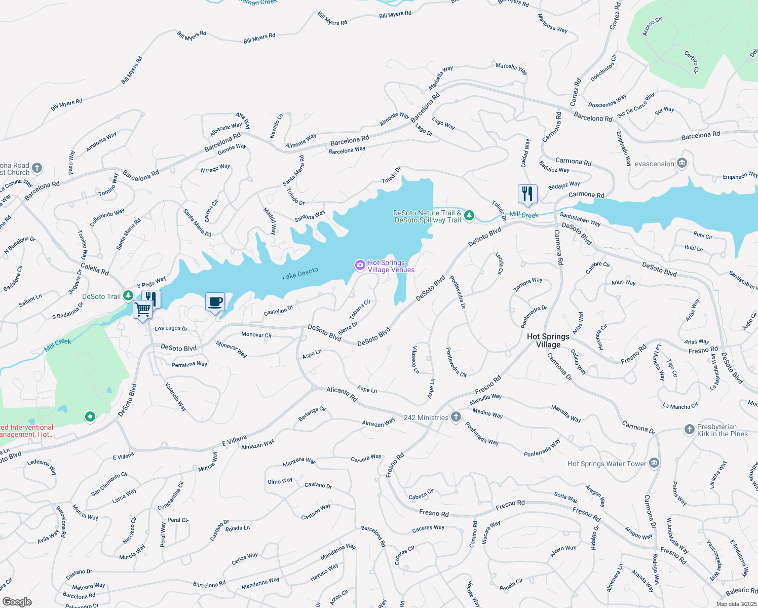 map of restaurants, bars, coffee shops, grocery stores, and more near 54 Sierra Drive in Hot Springs