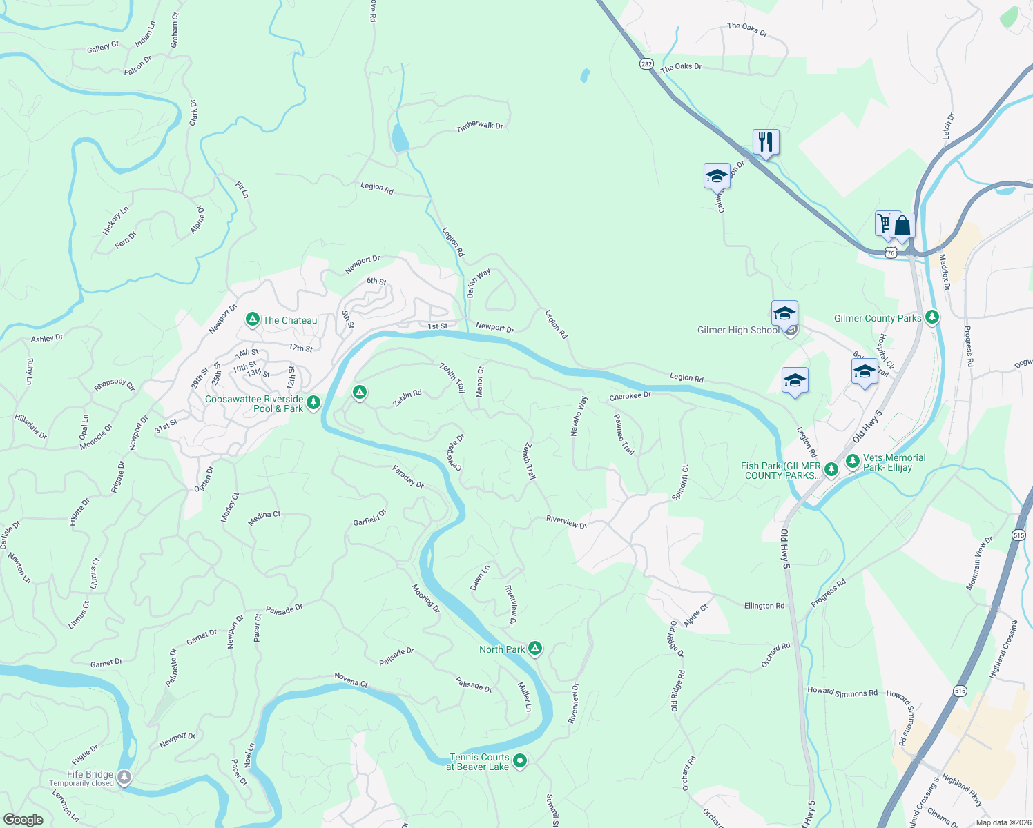 map of restaurants, bars, coffee shops, grocery stores, and more near 373 Zenith Trail in Ellijay