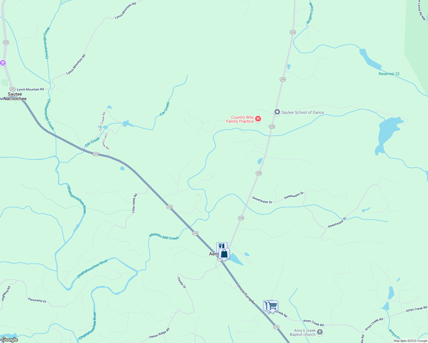 map of restaurants, bars, coffee shops, grocery stores, and more near 289 Lost Habersham Valley in Clarkesville