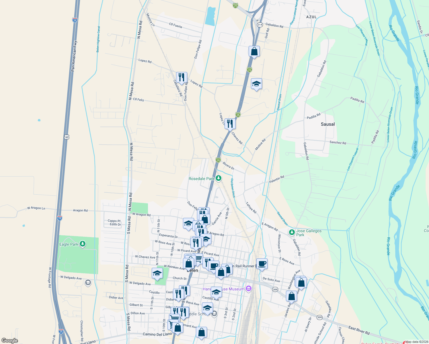 map of restaurants, bars, coffee shops, grocery stores, and more near Interstate 25 Business in Belen