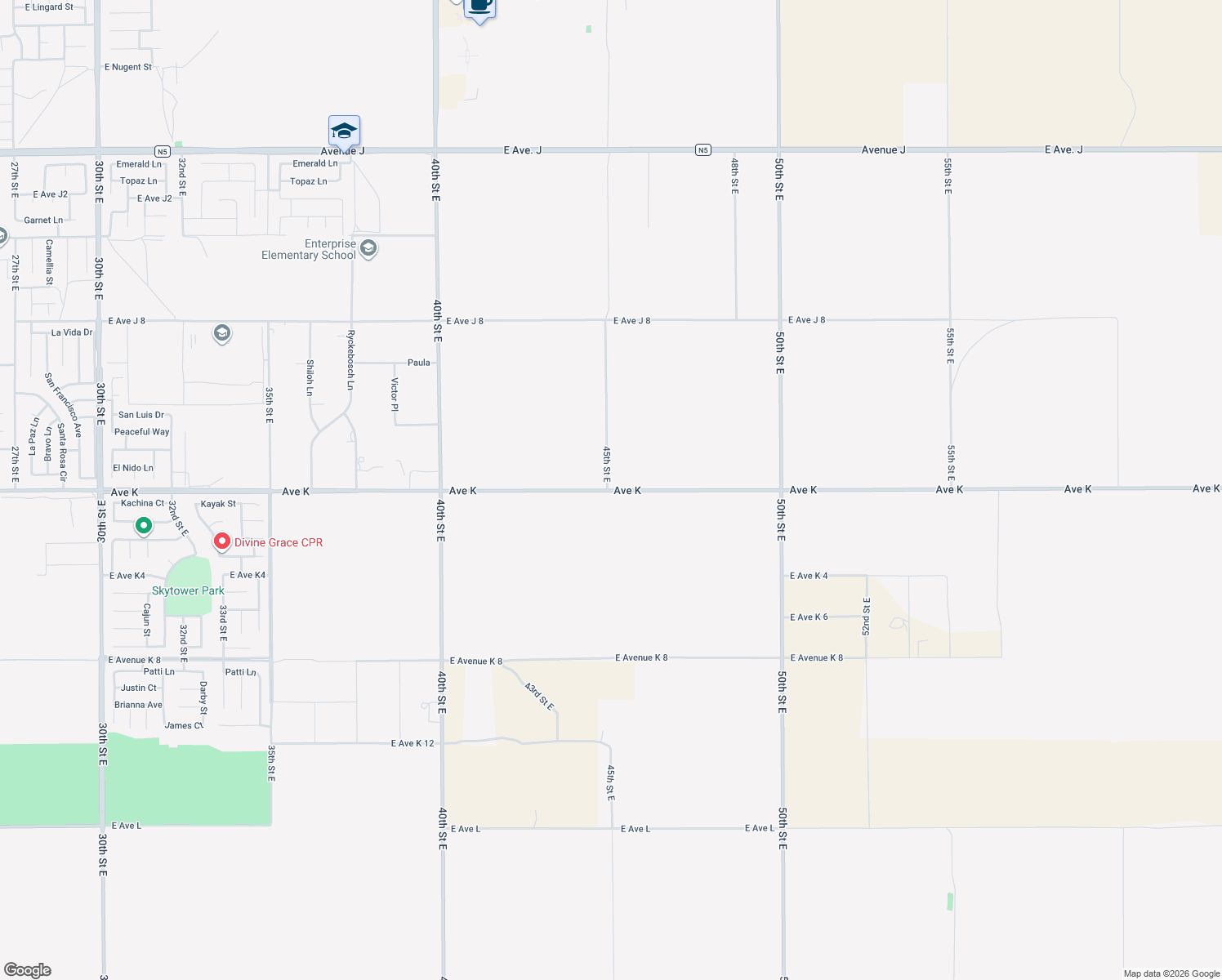 map of restaurants, bars, coffee shops, grocery stores, and more near 4499 East Avenue K in Lancaster
