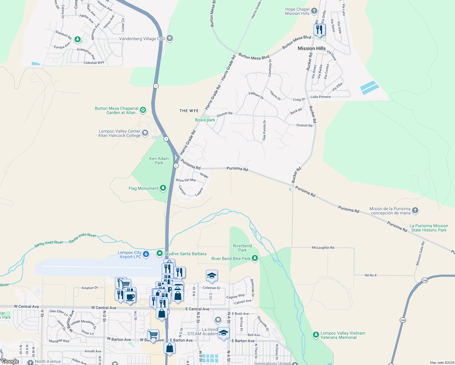 map of restaurants, bars, coffee shops, grocery stores, and more near 780 Purisima Road in Lompoc