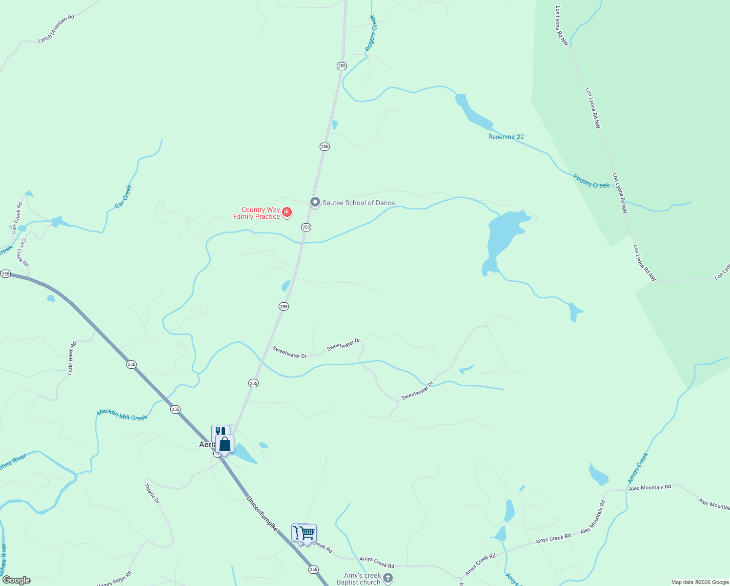 map of restaurants, bars, coffee shops, grocery stores, and more near 444 Sautee Ridge Road in Clarkesville