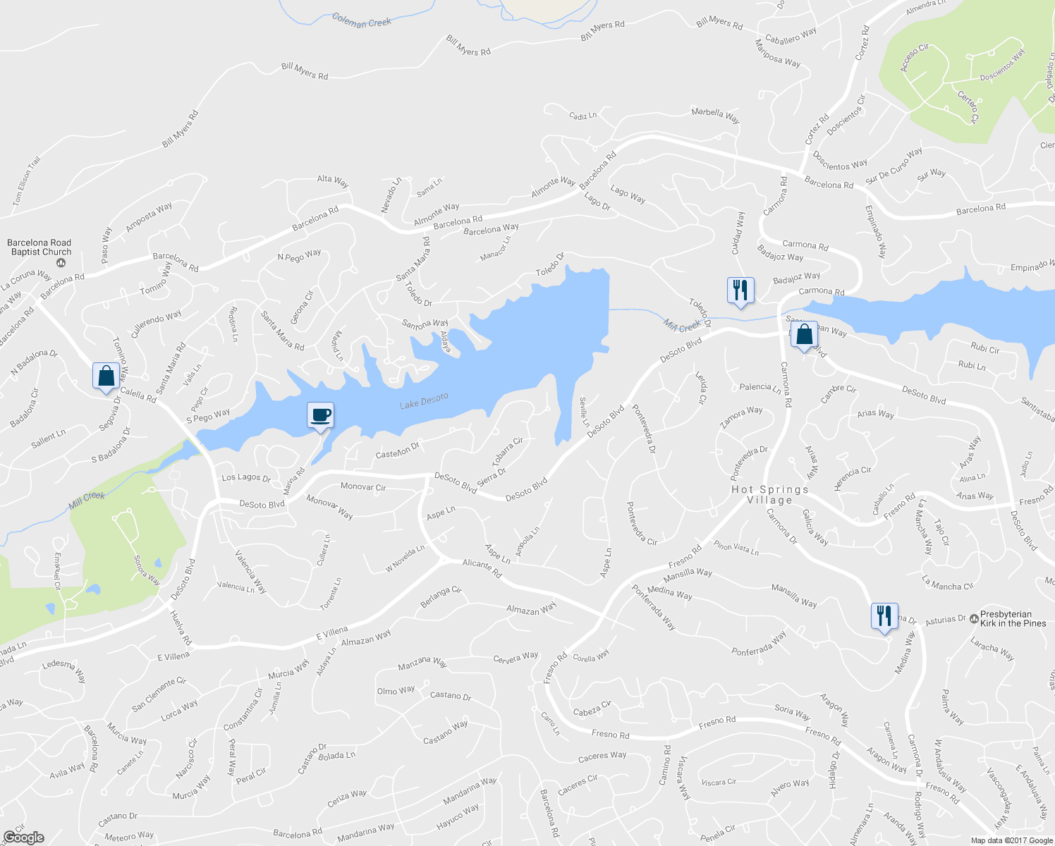 map of restaurants, bars, coffee shops, grocery stores, and more near 46 Sierra Drive in Hot Springs Village