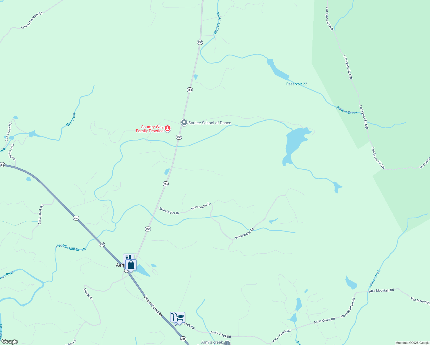 map of restaurants, bars, coffee shops, grocery stores, and more near 444 Sautee Ridge Road in Clarkesville