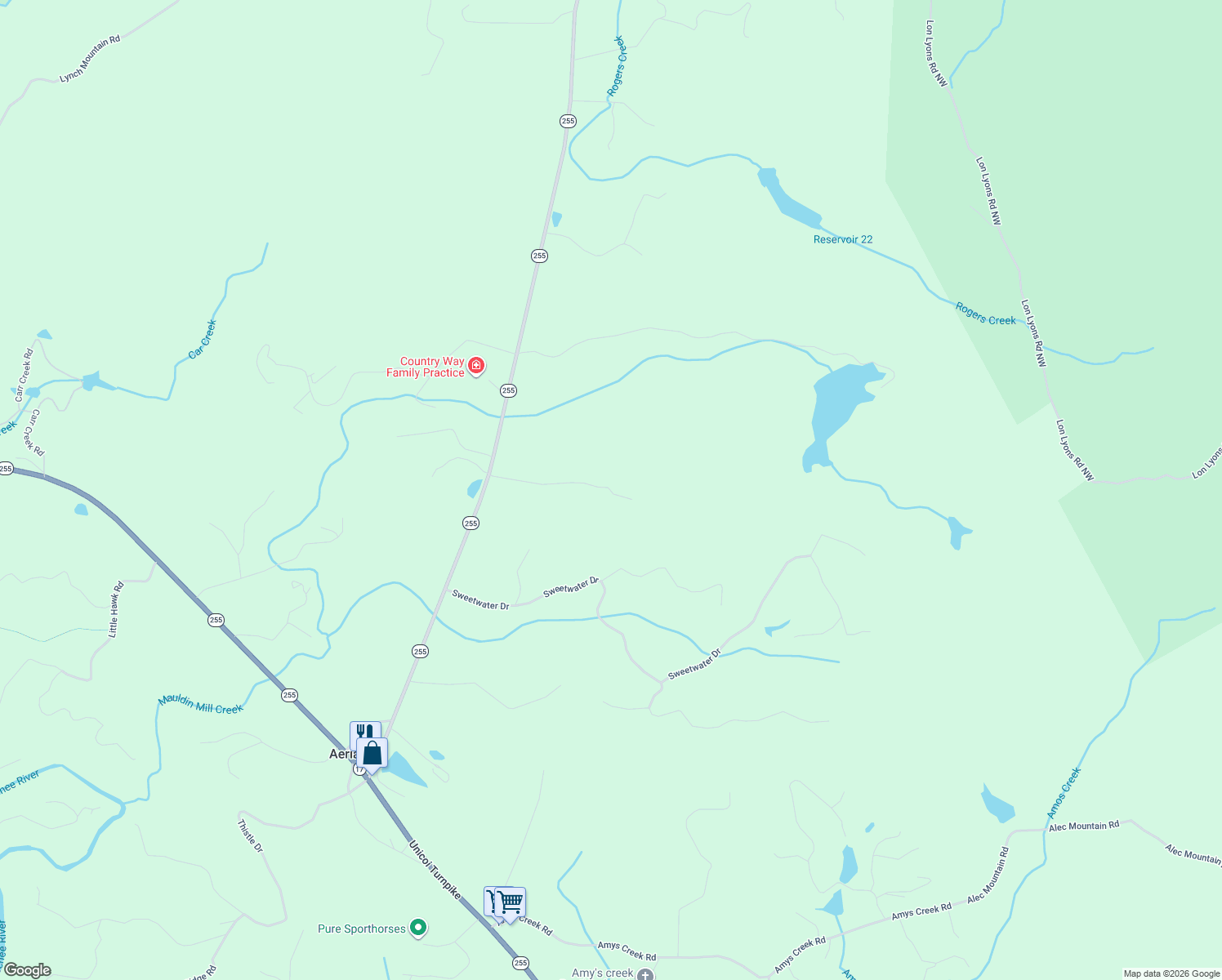 map of restaurants, bars, coffee shops, grocery stores, and more near 444 Sautee Ridge Road in Clarkesville