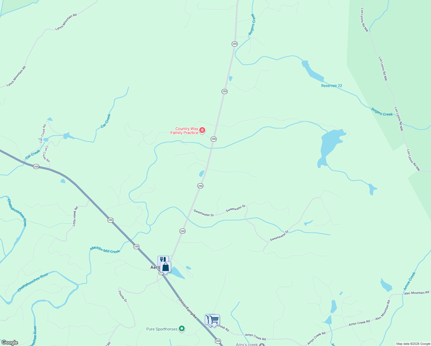 map of restaurants, bars, coffee shops, grocery stores, and more near 311 Honey Suckle Lane in Clarkesville