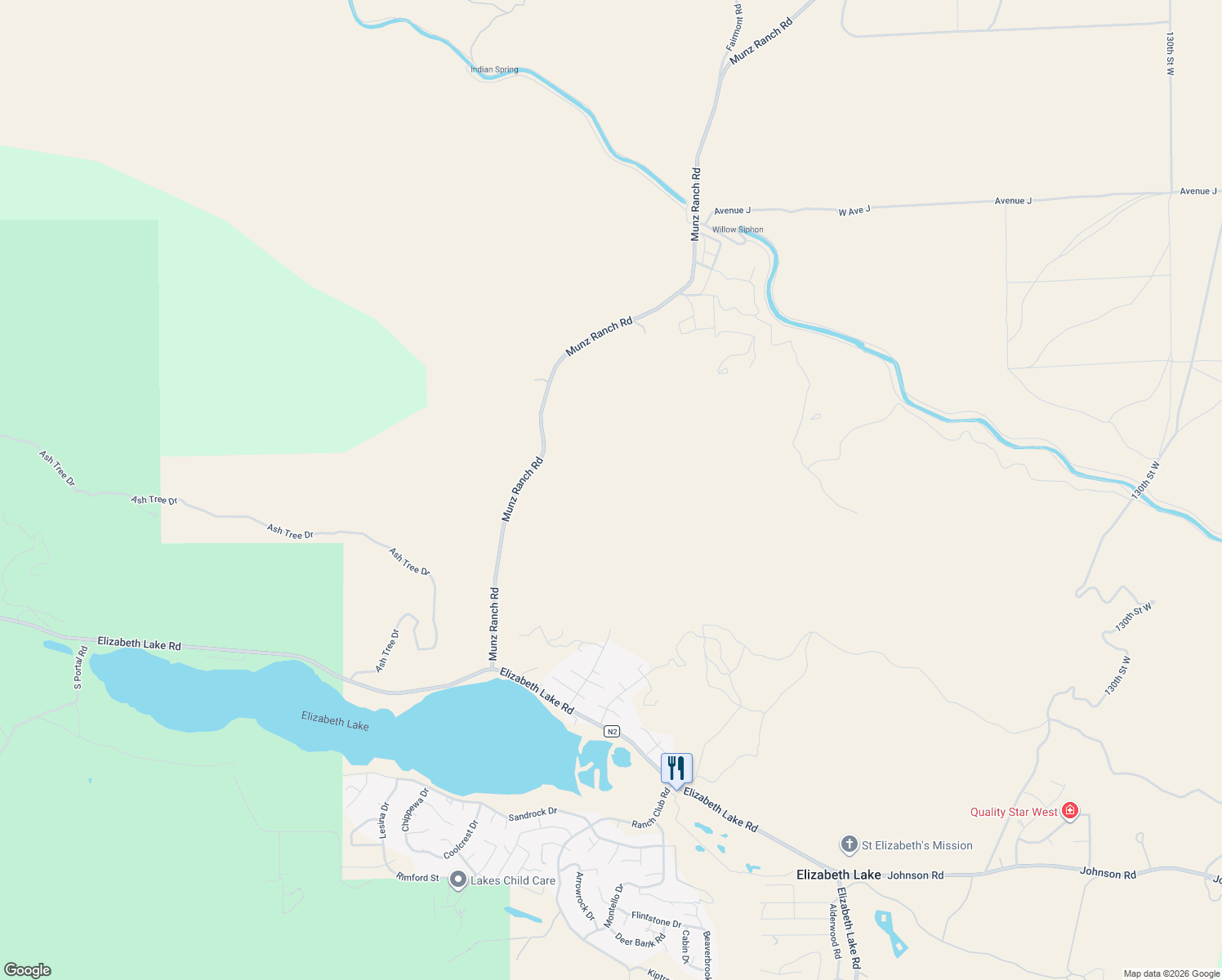 map of restaurants, bars, coffee shops, grocery stores, and more near 43528 Munz Ranch Road in Lake Hughes