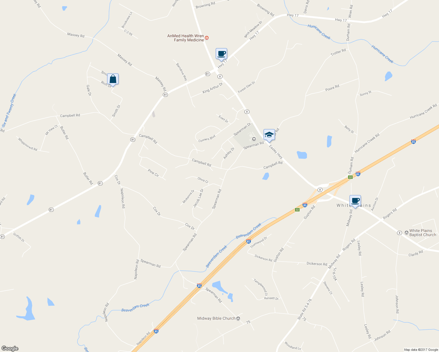 map of restaurants, bars, coffee shops, grocery stores, and more near 203 Spearman Road in Pelzer