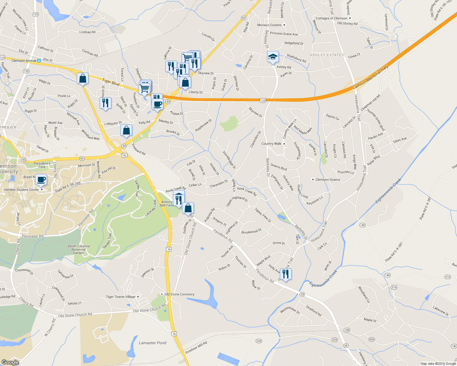 map of restaurants, bars, coffee shops, grocery stores, and more near 114 Clarendon Drive in Clemson